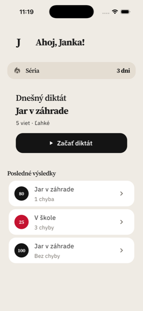 Domovská obrazovka dieťaťa v appke Diktáty: pripravený dnešný diktát „Jar v záhrade“ a séria dní, kedy dieťa diktát napísalo.