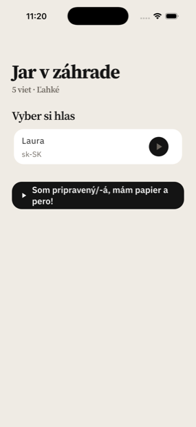 Obrazovka pred diktátom s názvom textu „Jar v záhrade“ a výberom hlasu, ktorý bude diktovať.